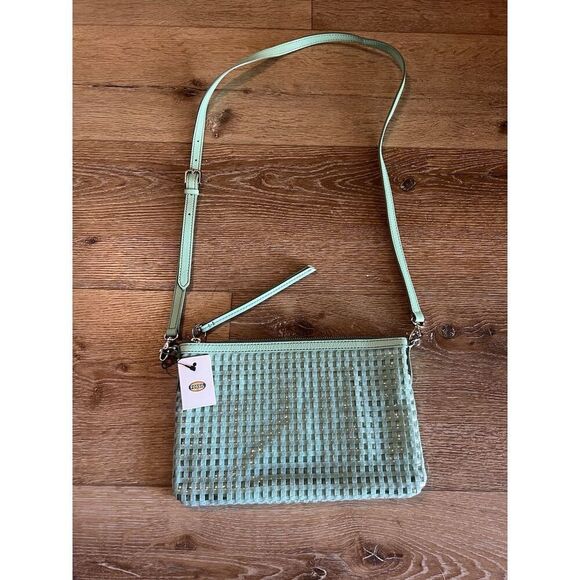 Fossil Purse Mint Green Woven Crossbody Bag Clutch ZB5715 Card Slots Lined - Picture 2 of 3
